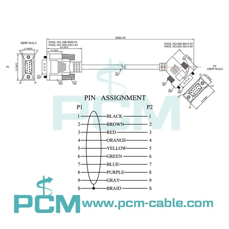 Drawing of RS232 DB9 Male to 45° DB9 Female Cable for Tight Space Installations